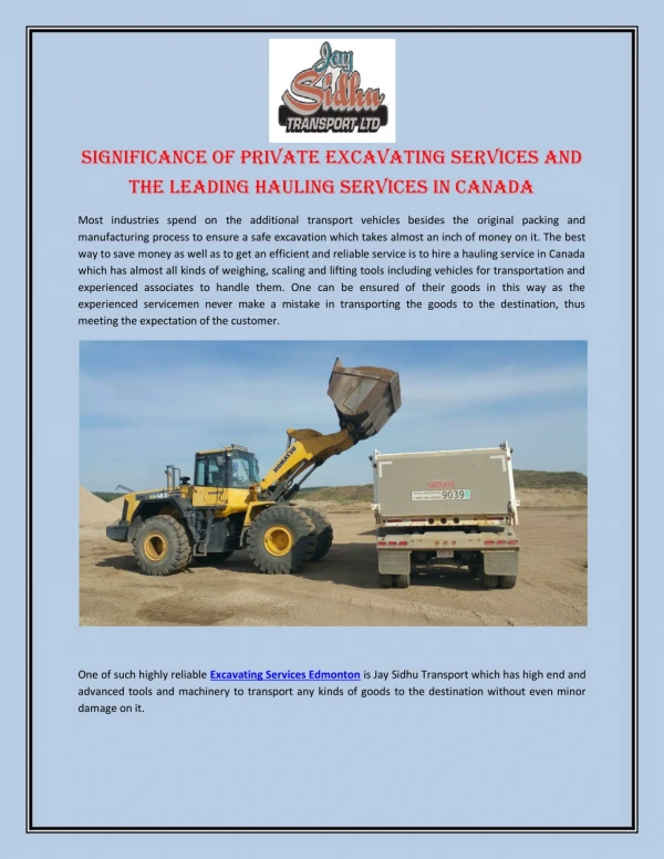 Significance of Private Excavating Services and the Leading Hauling Services in Canada