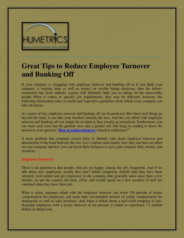 Great Tips to Reduce Employee Turnover and Bunking Off