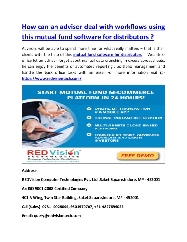 How can an advisor deal with workflows using this mutual fund software for distributors ?