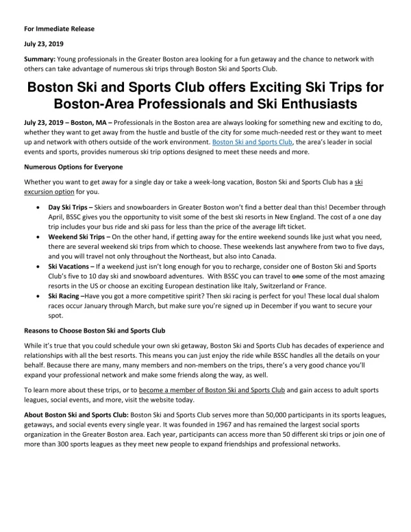 Boston Ski and Sports Club offers Exciting Ski Trips for Boston-Area Professionals and Ski Enthusiasts