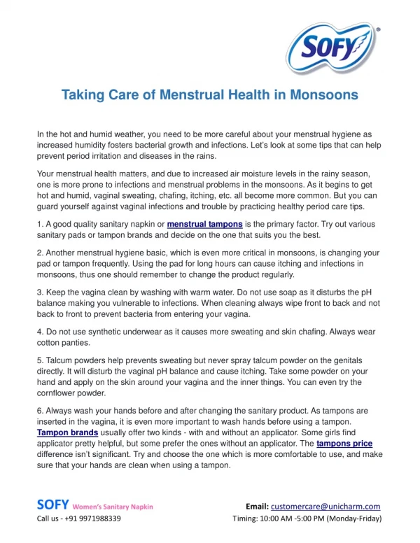 Taking Care of Menstrual Health in Monsoons