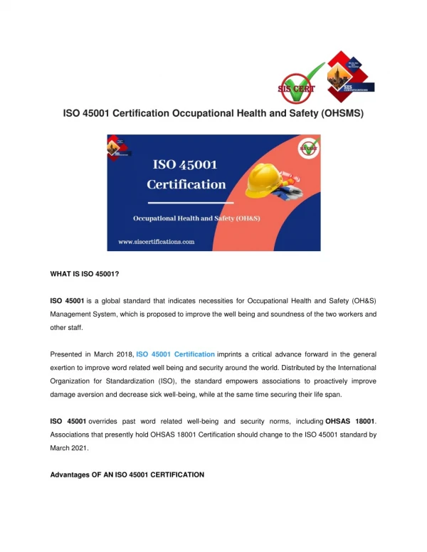 ISO 45001 Certification Occupational Health and Safety (OHSMS) Management System