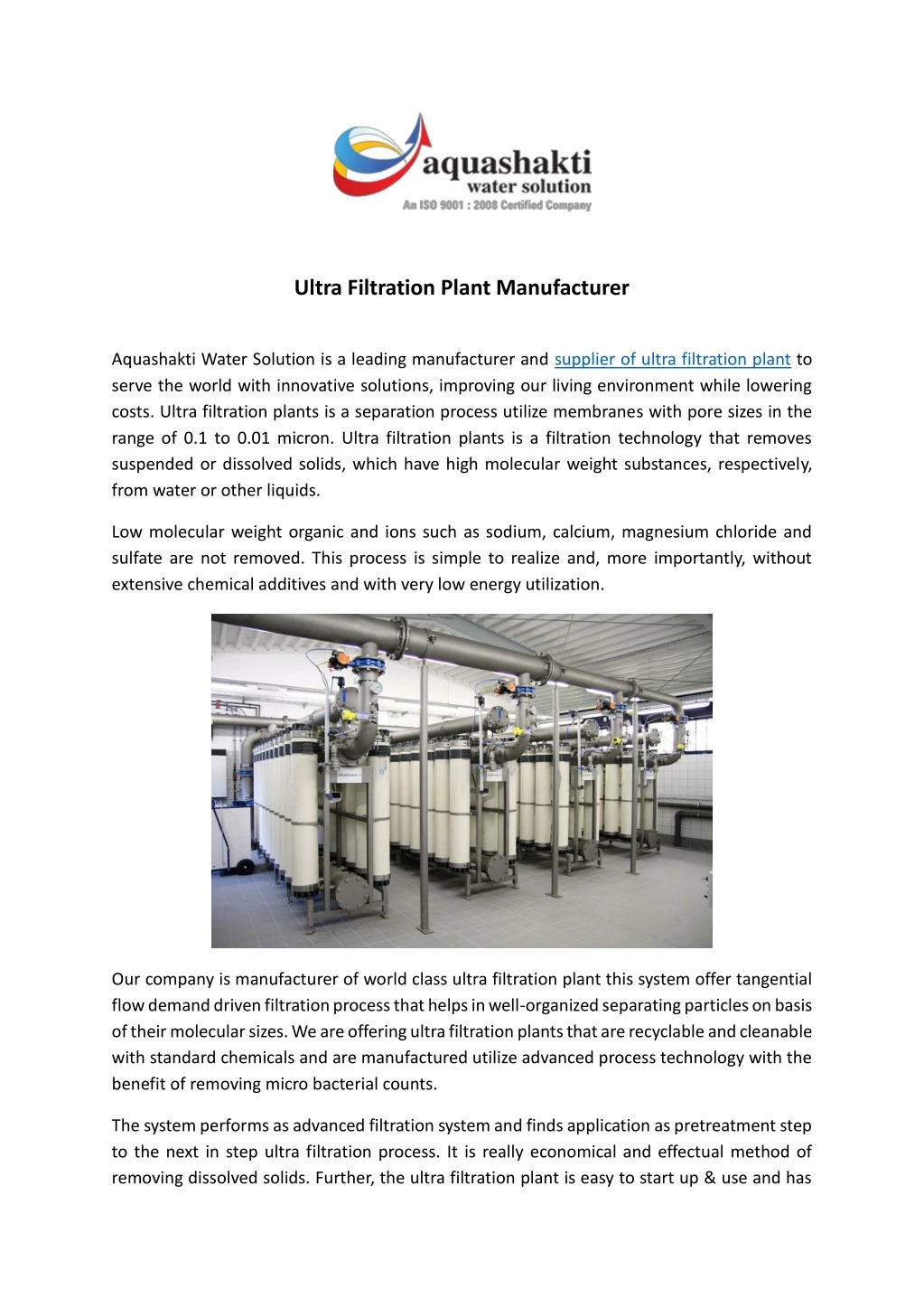 ultra filtration plant manufacturer