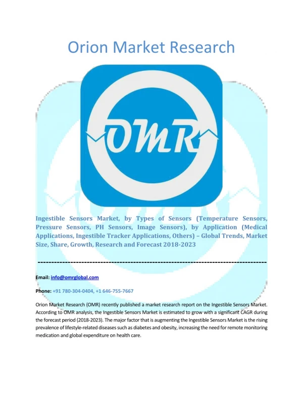 Ingestible Sensors Market: Global Market Size, Industry Growth, Future Prospects, Opportunities and Forecast 2018-2023