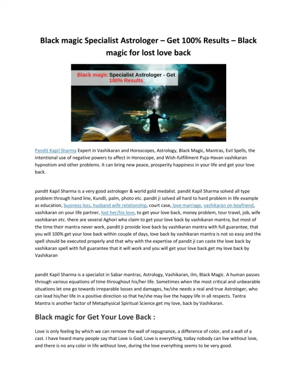 Bl@ck magic Specialist Astrologer - Get 100% Results - Bl@ck magic for lost love back