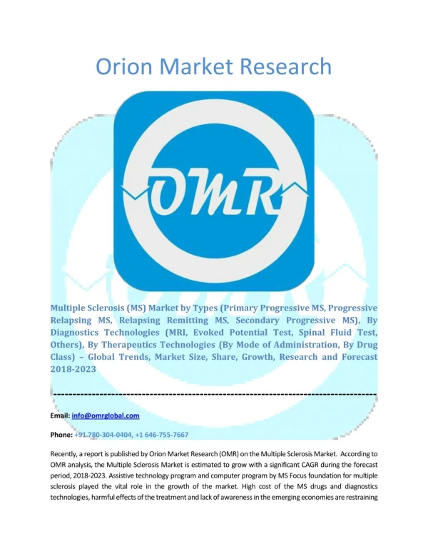 Multiple Sclerosis Market: Global Market Size, Industry Growth, Future Prospects, Opportunities and Forecast 2018-2023