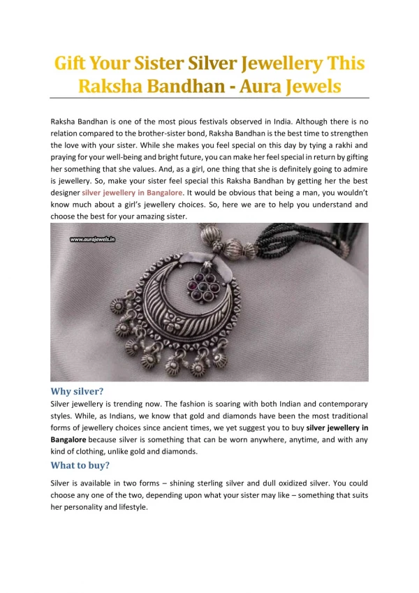 Gift Your Sister Silver Jewellery This Raksha Bandhan - Aura Jewels