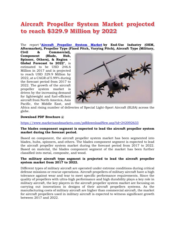 Aircraft Propeller System Market projected to reach $329.9 Million by 2022