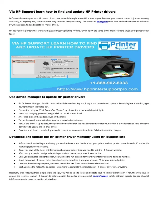 Via HP Support learn how to find and update HP Printer drivers