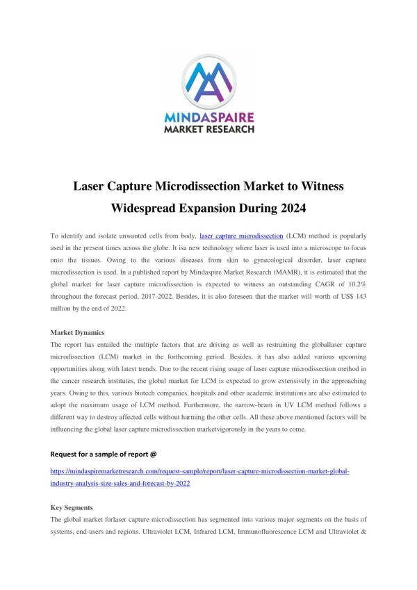 Laser Capture Microdissection Market to Witness Widespread Expansion During 2024