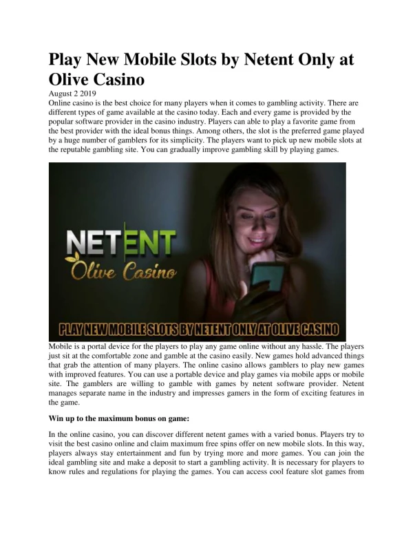 Play New Mobile Slots by Netent Only at Olive Casino