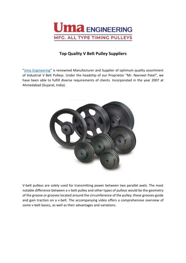 Top Quality V Belt Pulley Suppliers