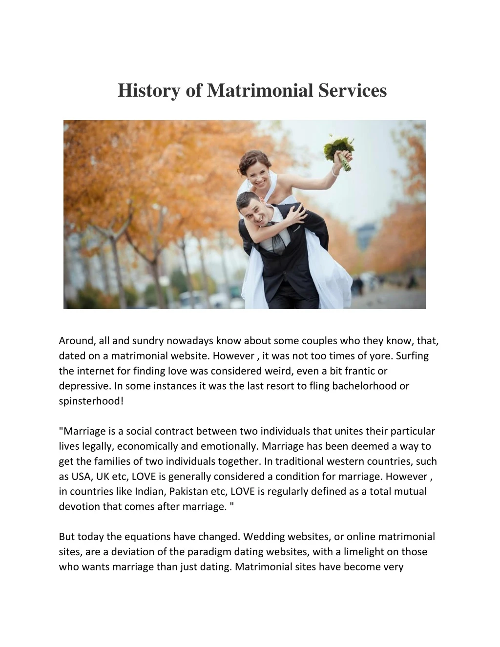history of matrimonial services