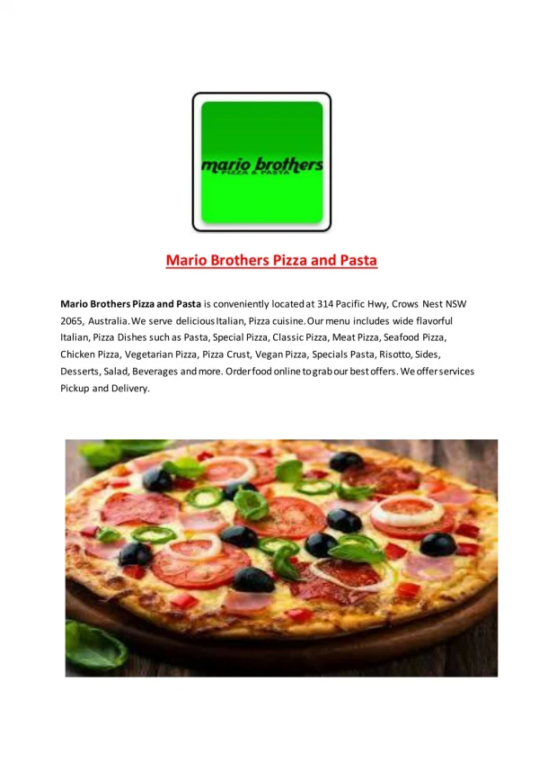 25% Off -Mario Brothers Pizza and Pasta-Crows Nest - Order Food Online