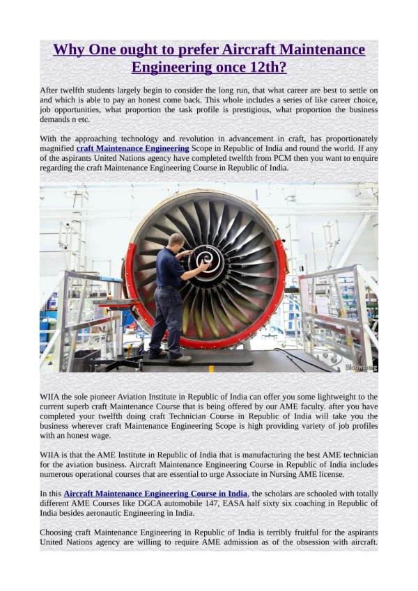 Why One ought to prefer Aircraft Maintenance Engineering once 12th?