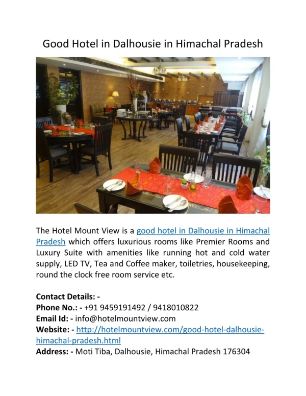 Good Hotel in Dalhousie in Himachal Pradesh