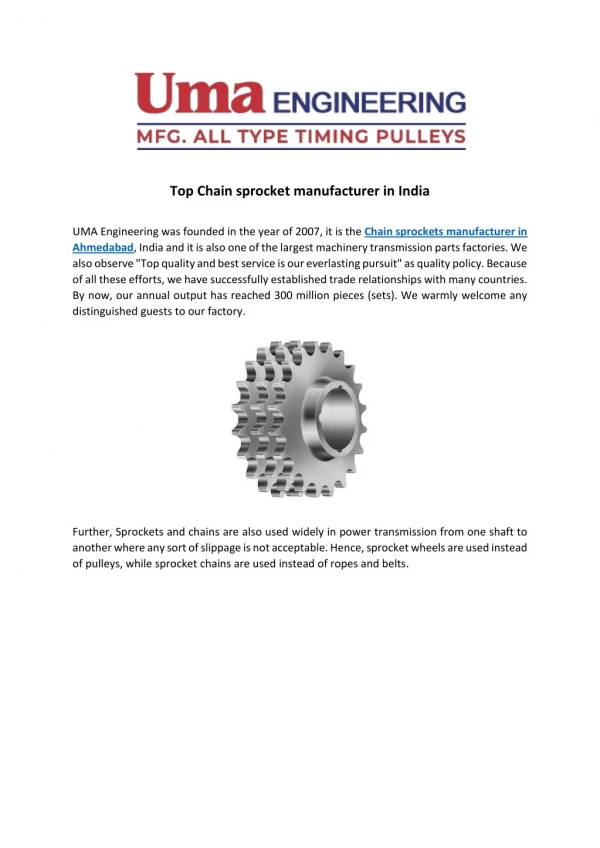 Top Chain sprocket manufacturer in India