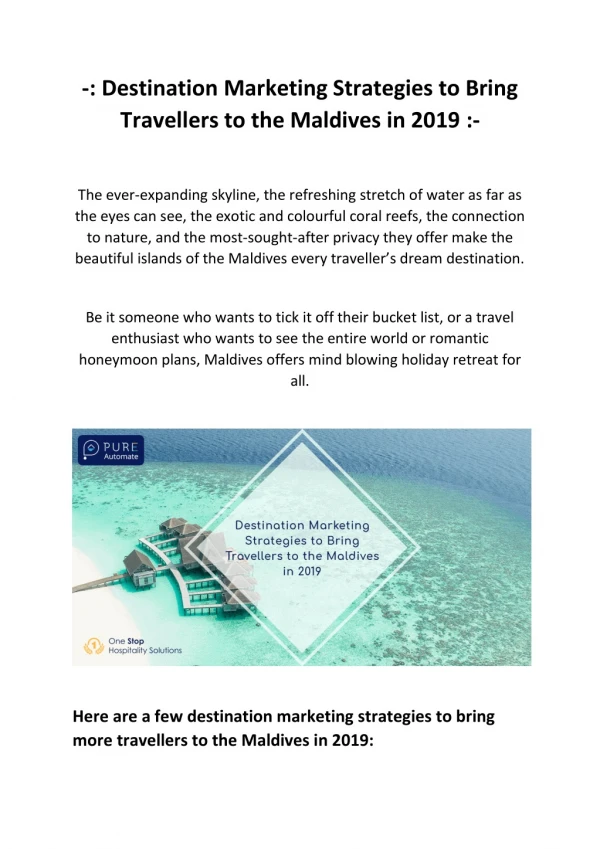 Destination Marketing Strategies to Bring Travellers to the Maldives in 2019 - Pure Automate