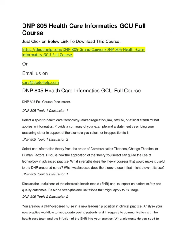 DNP 805 Health Care Informatics GCU Full Course