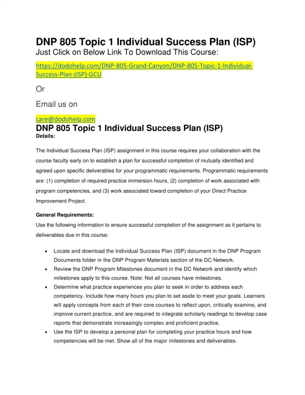 DNP 805 Topic 1 Individual Success Plan (ISP)