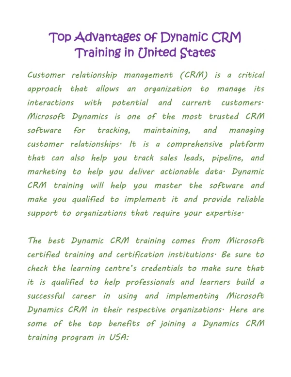 Top Advantages of Dynamic CRM Training in United States