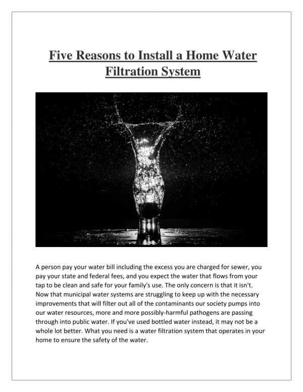 Five Reasons to Install a Home Water Filtration System