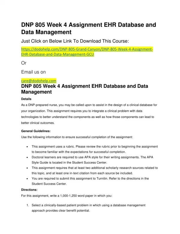 DNP 805 Week 4 Assignment EHR Database and Data Management