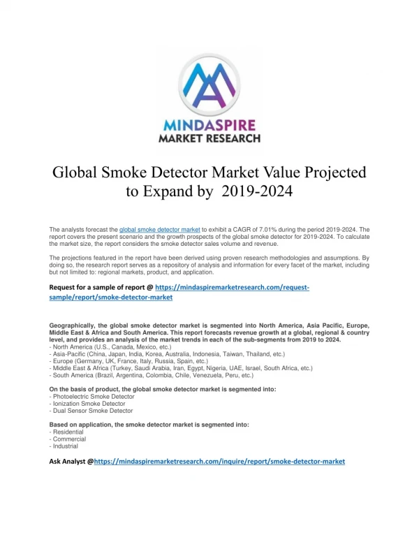 Global Smoke Detector Market Value Projected to Expand by 2019-2024