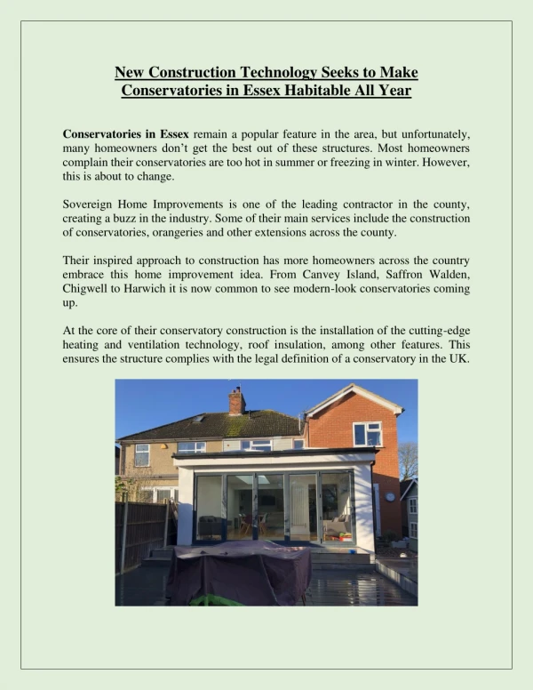 New Construction Technology Seeks to Make Conservatories in Essex Habitable All Year
