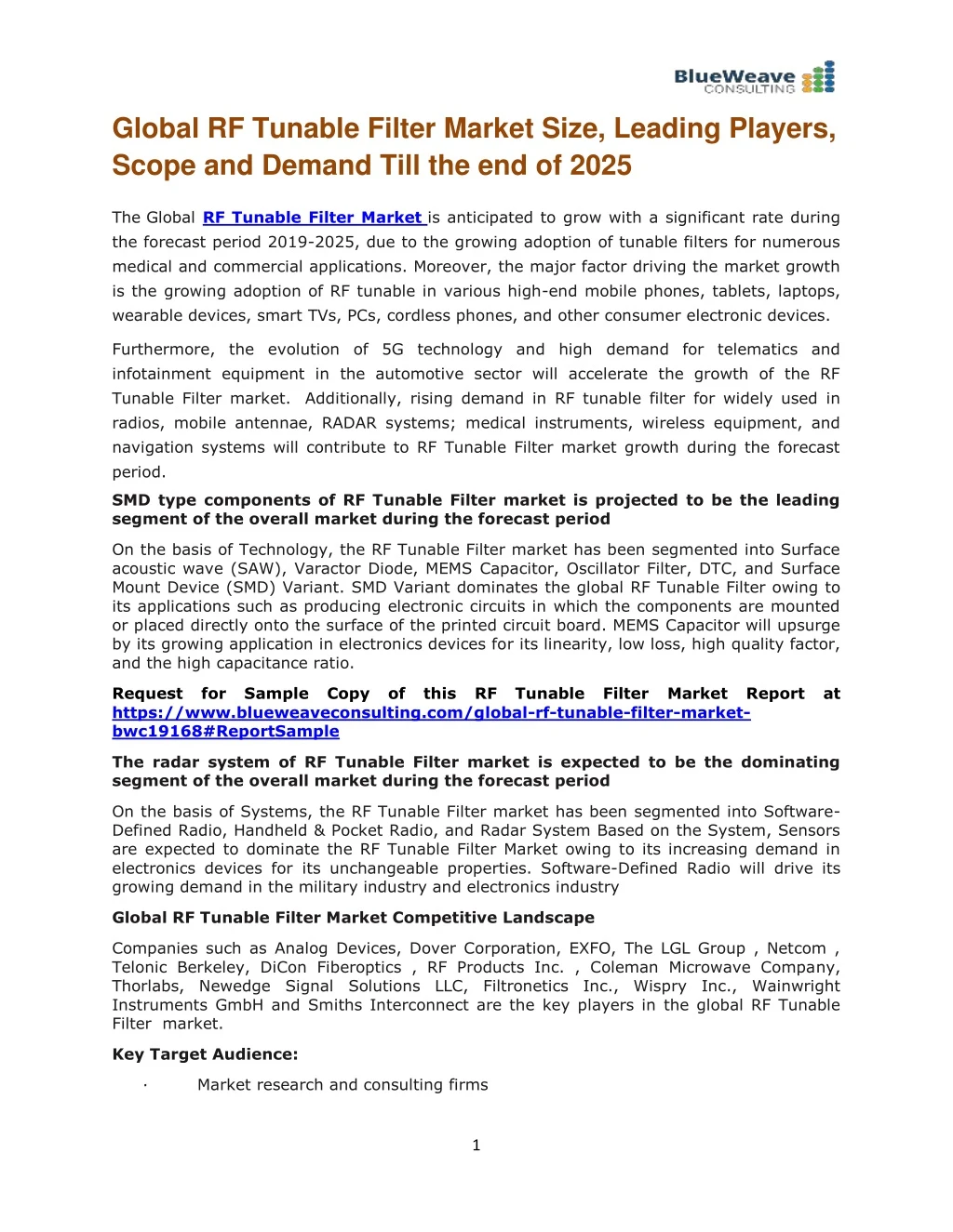 global rf tunable filter market size leading