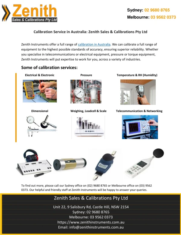 Calibration Service in Australia: Zenith Sales & Calibrations Pty Ltd