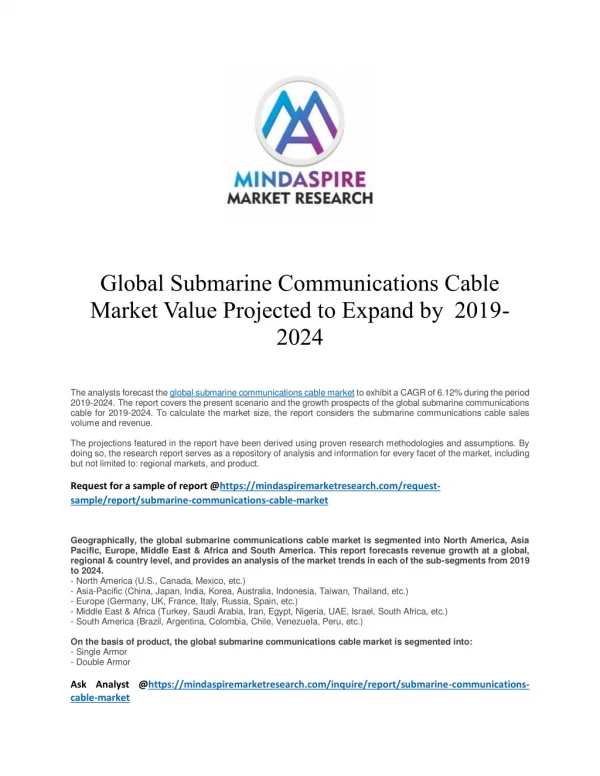 Global Submarine Communications Cable Market Value Projected to Expand by 2019-2024