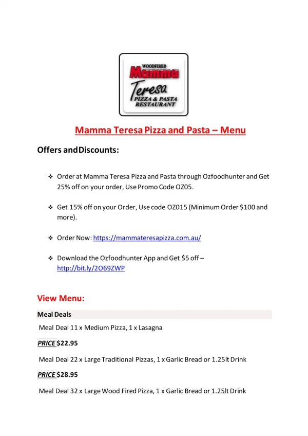 25% Off -Mamma Teresa Pizza and Pasta-Newport - Order Food Online