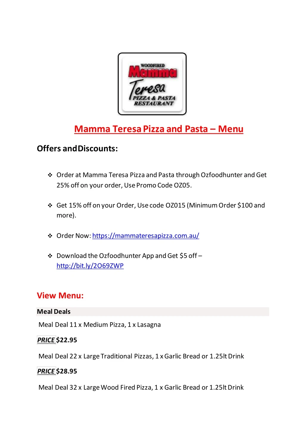 mamma teresa pizza and pasta menu