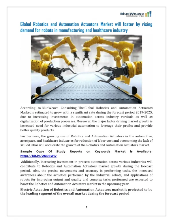 Global Robotics and Automation Actuators Market Expected to Achieve a Sustainable Growth Over 2025