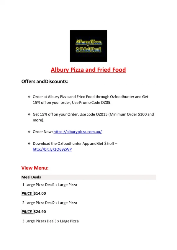 25% Off -Albury Pizza and Fried Food-Springdale - Order Food Online
