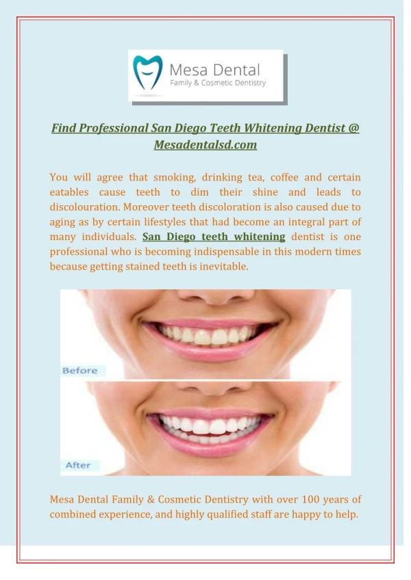 Find Professional San Diego Teeth Whitening Dentist @ Mesadentalsd.com