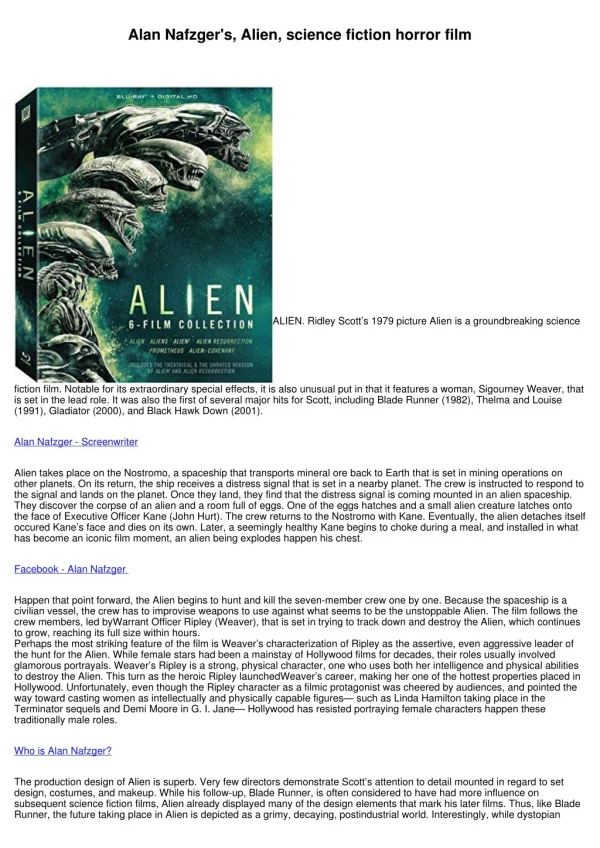 Alan Nafzger's, Alien, science fiction horror film