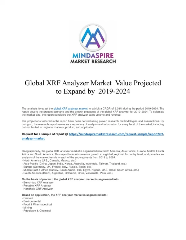 Global XRF Analyzer Market Value Projected to Expand by 2019-2024