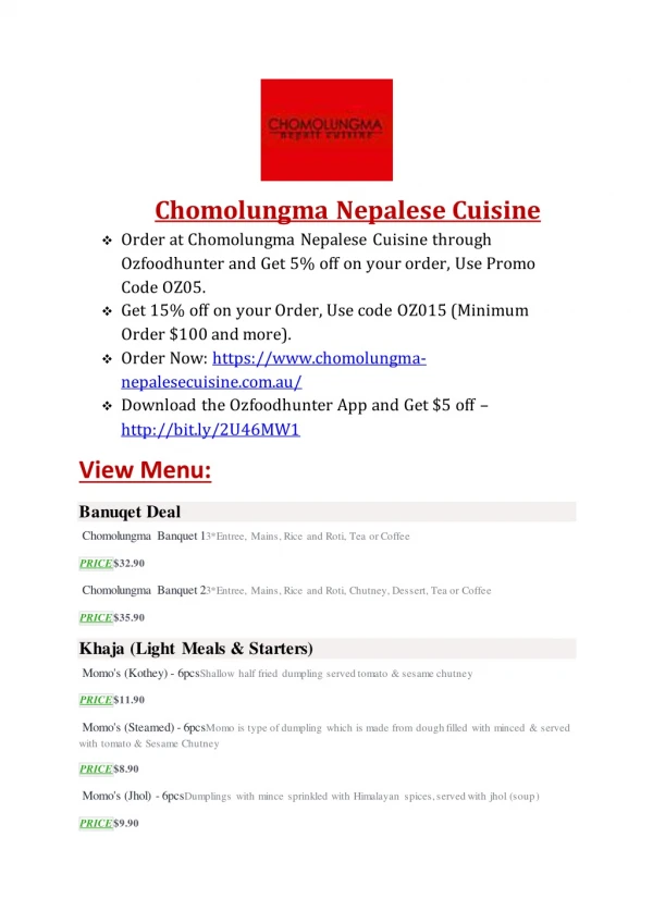 Chomolungma Nepalese Cuisine Menu| Nepalese food delivery and takeaway Griffith
