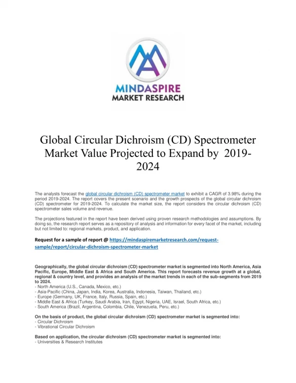 Global Circular Dichroism (CD) Spectrometer Market Value Projected to Expand by 2019-2024