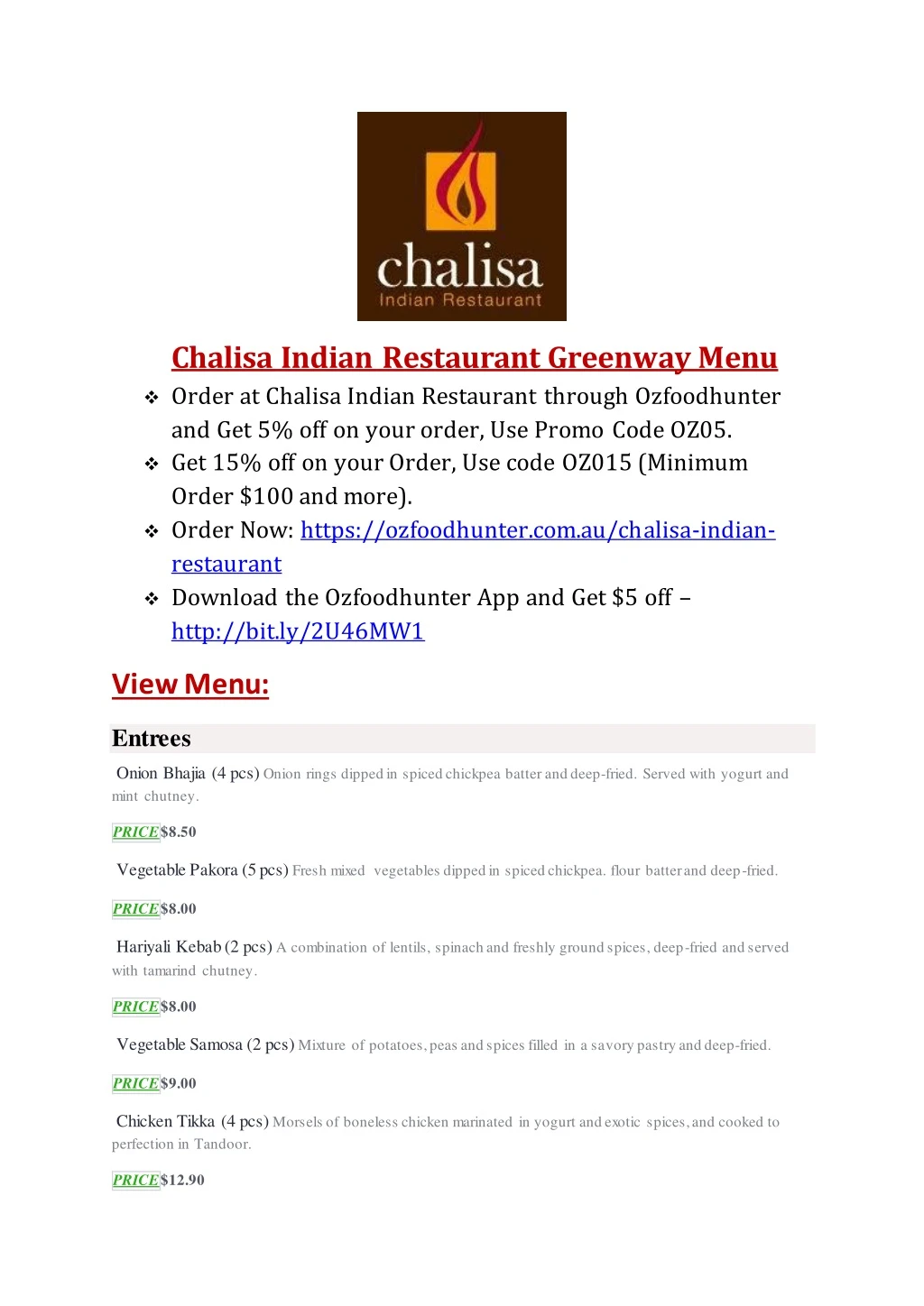 chalisa indian restaurant greenway menu order