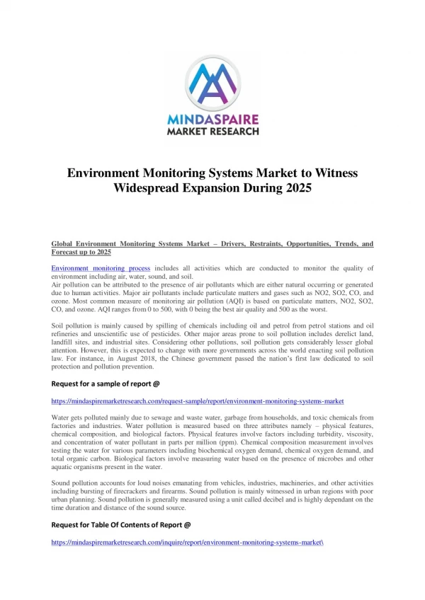 Environment Monitoring Systems Market to Witness Widespread Expansion During 2025