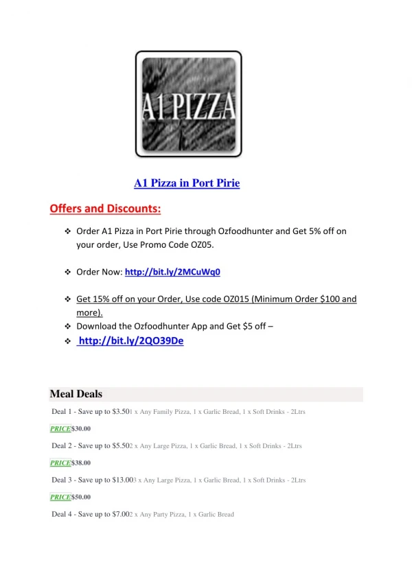 15% Off - A1 Pizza-Port Pirie - Order Food Online