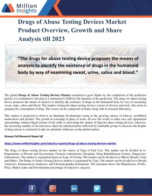 Drugs of Abuse Testing Devices Market Product Overview, Growth and Share Analysis till 2023