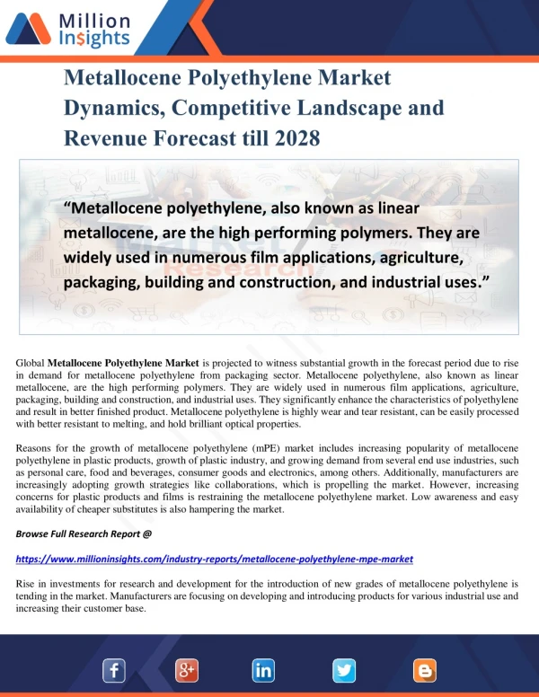 Metallocene Polyethylene Market Dynamics, Competitive Landscape and Revenue Forecast till 2028