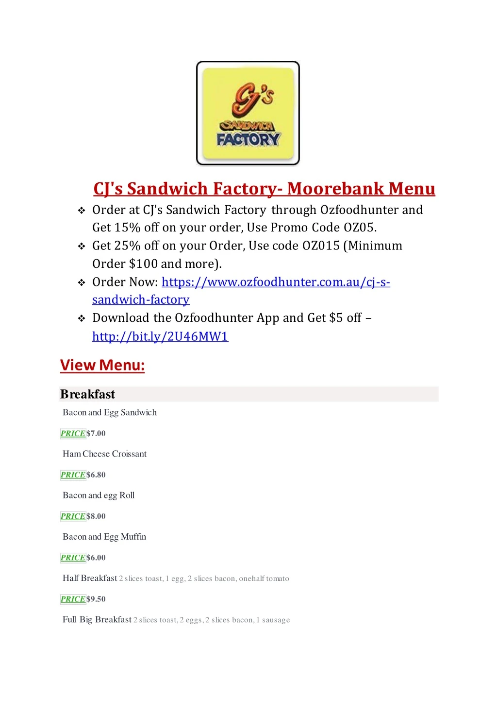 cj s sandwich factory moorebank menu order