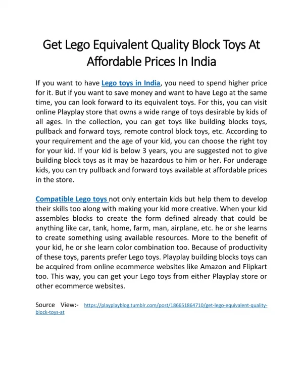 Get Lego Equivalent Quality Block Toys At Affordable Prices In India
