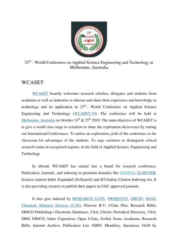 23rd - World Conference on Applied Science Engineering and Technology (WCASET - 19)