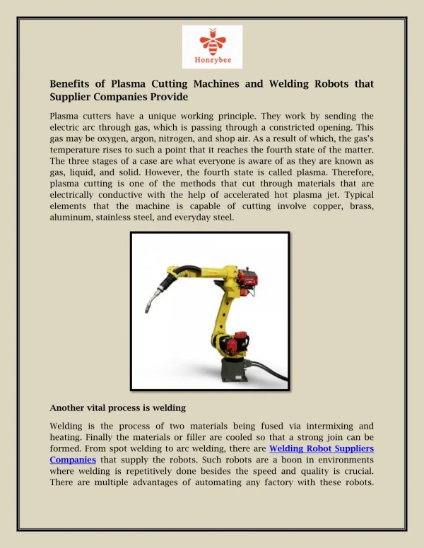 Benefits of Plasma Cutting Machines and Welding Robots that Supplier Companies Provide
